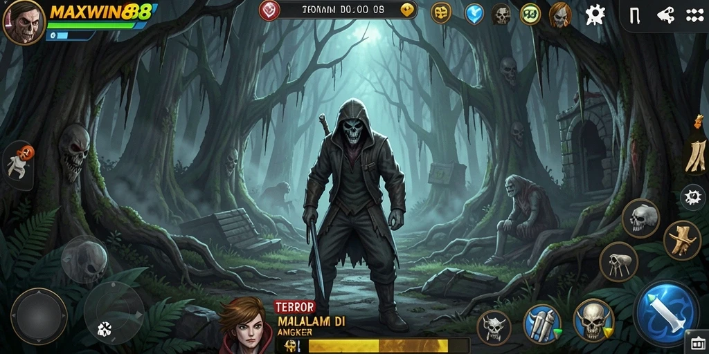 Screenshot dari gameplay MAXWIN88 menampilkan momen mencekam di hutan angker.